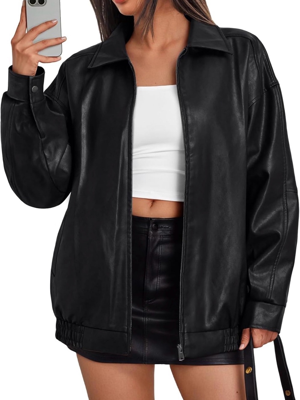 Women's Black Faux Leather Relaxed Zip Jacket